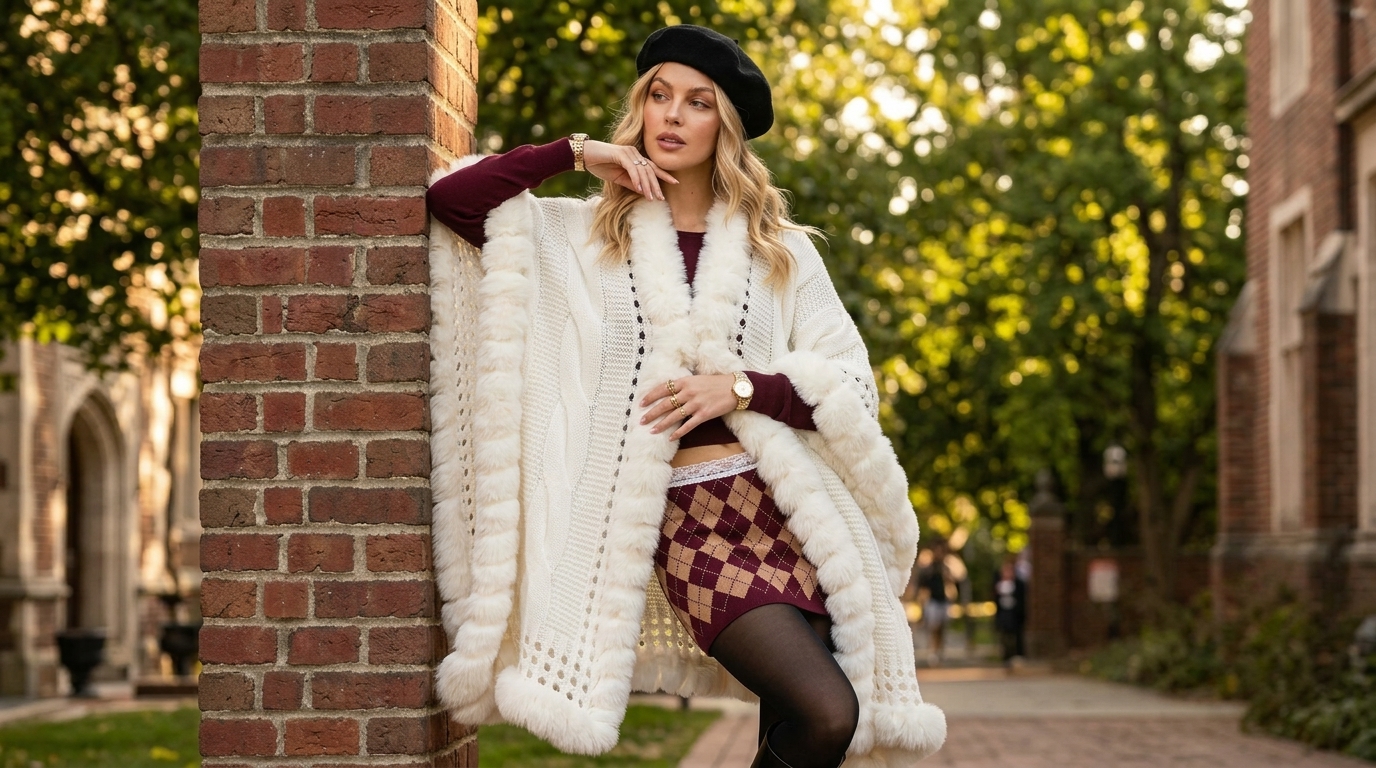 Model in a cream fur-trim cape and beret leaning against a brick post on a tree-lined campus